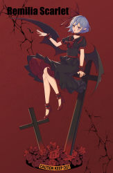 Rule 34 | 1girl, absurdres, alternate color, ascot, bat wings, black shirt, black skirt, blue hair, character name, closed mouth, collar, collarbone, collared shirt, commentary, crack, cross, flower, frilled collar, frilled shirt collar, frills, full body, hair ribbon, high heels, highres, latin cross, leaf, lips, lipstick, looking at viewer, makeup, no headwear, no headwear, pointy ears, puffy short sleeves, puffy sleeves, red ascot, red background, red eyes, red flower, red footwear, red ribbon, red rose, remilia scarlet, ribbon, rose, shirt, short hair, short sleeves, simple background, sitting, skirt, skirt set, solo, touhou, tsurime, wanmian, wings, wrist cuffs