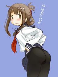 Rule 34 | 10s, 1girl, ass, black pantyhose, blush, brown hair, clothes lift, folded ponytail, gusset, highres, inazuma (kancolle), kantai collection, looking back, no panties, pantyhose, retsumaru, school uniform, simple background, skirt, skirt lift, solo, translated, yellow eyes