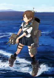 Rule 34 | 10s, 1girl, artist name, brown hair, kantai collection, low twintails, pleated skirt, school uniform, shirayuki (kancolle), short hair, skirt, solo, standing, standing on liquid, twintails, ume (plumblossom), water