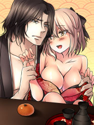 Rule 34 | &gt;:(, 10s, 1boy, 1girl, :d, bare shoulders, black bow, black eyes, black hair, blush, bow, breasts, choko (cup), closed mouth, collarbone, crossover, cup, drifters, fate/grand order, fate (series), food, frown, fruit, hair between eyes, hair bow, hatori mia, hetero, highres, hijikata toshizou (drifters), koha-ace, looking at another, mandarin orange, medium breasts, off shoulder, okita souji (fate), okita souji (koha-ace), open mouth, pink hair, short hair, smile, table, upper body, v-shaped eyebrows, yellow eyes