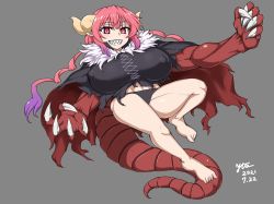 Rule 34 | barefoot, black panties, bottomless, breasts, breasts apart, cape, dated, dragon arms, dragon claw, dragon girl, dragon horns, dragon tail, grey background, highres, horns, ilulu (maidragon), kobayashi-san chi no maidragon, nishiumi yuuta, no pants, panties, pink hair, pointy ears, red eyes, sharp teeth, simple background, slit pupils, solo, tail, teeth, thighs, torn cape, torn clothes, underwear
