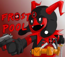 Rule 34 | absurdres, artist request, belt, character name, commentary request, deadpool, deadpool (series), fangs, from behind, gun, hat, highres, jack frost (megami tensei), looking back, marvel, megami tensei, no humans, open mouth, solo, sword, utility belt, weapon