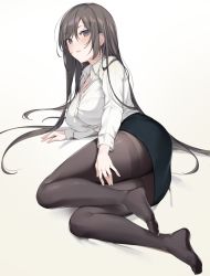 Rule 34 | 1girl, black eyes, black hair, black skirt, breasts, buttons, collared shirt, commentary request, dress shirt, feet, grey pantyhose, highres, icomochi, large breasts, long hair, long sleeves, looking at viewer, miniskirt, no shoes, office lady, open mouth, original, pantyhose, partially unbuttoned, pencil skirt, shirt, sidelocks, simple background, skirt, solo, thighband pantyhose, very long hair, white background, white shirt