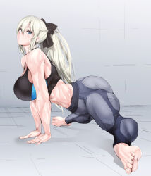 Rule 34 | 1girl, ass, barefoot, breasts, fate/grand order, fate (series), feet, foot focus, from side, green eyes, grey hair, gym, koucha indian, large breasts, long hair, looking at viewer, morgan le fay (fate), muscular, muscular female, ponytail, solo, sports bra, spread legs, toes, two-tone sports bra, vest