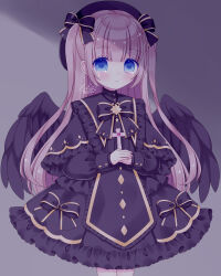 Rule 34 | 1girl, beret, black bow, black capelet, black dress, black hat, black wings, blue eyes, blush, bow, brown hair, capelet, closed mouth, commentary request, crying, crying with eyes open, dress, feathered wings, frilled capelet, frilled dress, frills, grey background, hair bow, hat, heart, heart-shaped pupils, highres, himetsuki luna, long sleeves, looking at viewer, original, own hands together, puffy long sleeves, puffy sleeves, sidelocks, signature, simple background, smile, solo, symbol-shaped pupils, tears, two side up, wings