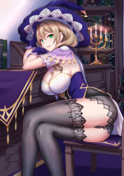 Rule 34 | 1girl, artist request, ass, blush, breasts, brown hair, cameltoe, come hither, genshin impact, gloves, green eyes, hair ornament, hat, highres, large breasts, lisa (genshin impact), long hair, looking at viewer, parted lips, short shorts, shorts, sitting, smile, solo, thighhighs