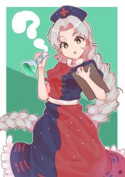 Rule 34 | 1girl, :o, absurdres, asymmetrical clothes, bagua, blush, braid, braided ponytail, breasts, bright pupils, clipboard, commentary request, constellation print, cross, dress, eyelashes, frilled dress, frilled sleeves, frills, green background, hat, highres, holding, holding clipboard, holding test tube, large breasts, long dress, long hair, looking at viewer, nurse cap, open mouth, outside border, parted bangs, puffy short sleeves, puffy sleeves, raised eyebrow, red cross, short sleeves, silver hair, smoke, solo, standing, test tube, touhou, trigram, two-tone dress, very long hair, white pupils, yagokoro eirin, yellow eyes, zanasta0810