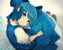 Rule 34 | 1girl, :t, absurdres, blue bow, blue dress, blue eyes, blue hair, blush, bow, cirno, closed mouth, detached wings, dress, fairy, hair bow, highres, ice, ice wings, kurowa (curowa), looking at viewer, pout, puffy short sleeves, puffy sleeves, shirt, short hair, short sleeves, solo, touhou, white shirt, wings