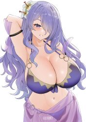 Rule 34 | 1girl, absurdres, arm behind head, arm up, artist name, bikini, breasts, camilla (fire emblem), camilla (summer) (fire emblem), cleavage, collarbone, fire emblem, fire emblem fates, fire emblem heroes, flower, genm7, hair flower, hair ornament, hair over one eye, highres, huge breasts, looking at viewer, nail polish, navel, nintendo, o-ring, o-ring bikini, official alternate costume, pink nails, purple bikini, purple eyes, purple hair, purple nails, sarong, see-through sarong, smile, solo, swimsuit, teeth, upper body, wavy hair, white background