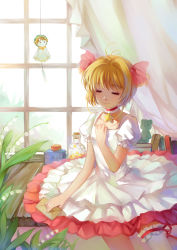 Rule 34 | 1990s (style), 1girl, antenna hair, book, bottle, brown hair, cardcaptor sakura, character doll, choker, curtains, dress, duximeng, closed eyes, flower, frilled sleeves, frills, hair ribbon, hand on own chest, highres, holding, kinomoto sakura, letter, li xiaolang, lily of the valley, petticoat, puffy short sleeves, puffy sleeves, retro artstyle, ribbon, short hair, short sleeves, short twintails, single thighhigh, solo, star (symbol), stuffed animal, stuffed toy, teddy bear, teruterubouzu, thighhighs, twintails, white dress, white thighhighs, window