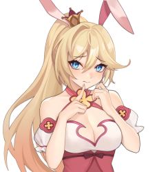 Rule 34 | 1girl, absurdres, animal ears, bare shoulders, bianka durandal ataegina, blonde hair, blue eyes, breasts, cleavage, closed mouth, commentary request, crown, dress, finger to mouth, highres, honkai (series), honkai impact 3rd, large breasts, leotard, long hair, looking at viewer, mini crown, multicolored clothes, multicolored dress, playboy bunny, rabbit ears, theresa apocalypse, theresa apocalypse (sakuno rondo), tutou jiang