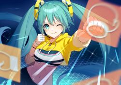 Rule 34 | 1girl, absurdres, blue eyes, blush, boxing gloves, bracelet, clenched hands, crop top, cropped hoodie, fingerless gloves, gloves, hair ornament, hatsune miku, highres, hood, hoodie, jewelry, long hair, long sleeves, looking to the side, midriff, nail polish, navel, one eye closed, punching, smile, solo, sparkle, teneko02, tongue, tongue out, twintails, very long hair, vocaloid, zipper pull tab