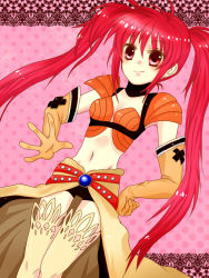 Rule 34 | 1girl, belt, boots, breasts, cleavage, elbow gloves, gloves, long hair, midriff, nanaly fletch, navel, pink background, red eyes, red hair, short shorts, shorts, smile, tales of (series), tales of destiny 2, thigh boots, thighhighs, twintails