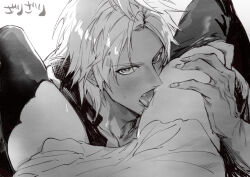 Rule 34 | 1boy, 1girl, alphen (tales), backlighting, blush, commentary request, couple, dark-skinned male, dark skin, dress, female pov, grey hair, hetero, licking thigh, looking at viewer, monochrome, nukegara102, pov, saliva, shionne (tales), spread legs, sweat, tales of (series), tales of arise, thigh grab, thighhighs, tongue, tongue out