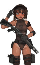 1girl absurdres black_thighhighs breasts brown_hair chance8000 dark_skin gloves goggles goggles_on_head green_eyes gun highres leotard looking_at_viewer medium_breasts medium_hair military original short_hair shotgun simple_background tan tanline thighhighs thighs weapon white_background zettai_ryouiki