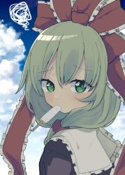Rule 34 | 1girl, blue sky, cloud, commentary request, food in mouth, frilled ribbon, frills, front ponytail, green eyes, green hair, hair ribbon, kagiyama hina, looking at viewer, medium hair, popsicle, popsicle in mouth, red ribbon, ribbon, sky, solo, squiggle, touhou, upper body, yamase