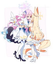 Rule 34 | 2girls, angel wings, animal ears, black footwear, blonde hair, blue archive, blush, capelet, detached sleeves, dress, feathered wings, flower, fox ears, fox tail, full body, hair bun, hair flower, hair ornament, halo, high heels, long hair, mika (blue archive), multiple girls, pantyhose, parted lips, pink hair, pink halo, purple flower, seia (blue archive), single side bun, sleeves past fingers, sleeves past wrists, striped clothes, striped pantyhose, tail, vertical-striped clothes, vertical-striped pantyhose, very long hair, white capelet, white dress, white footwear, white pantyhose, white wings, wide sleeves, wings, yellow eyes, yellow halo, yun (dust-i1), yuri