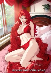 Rule 34 | 1girl, bed, blanket, breasts, copyright request, curly hair, highres, kickstarter, large breasts, light rays, long hair, looking at viewer, pillow, plant, potted plant, red eyes, red hair, smile, solo, sunbeam, sunlight, underwear, window, xong