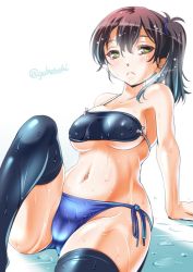 Rule 34 | 10s, 1girl, :&lt;, adapted costume, arm support, asymmetrical hair, bikini, black thighhighs, breasts, hair between eyes, jitome, kaga (kancolle), kantai collection, large breasts, looking to the side, muneate, naked muneate, short hair, side-tie bikini bottom, side ponytail, simple background, sitting, sogabe toshinori, solo, swimsuit, thighhighs, underboob, wet, wet clothes, yellow eyes