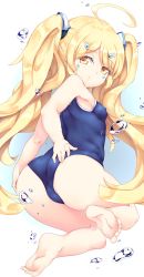 Rule 34 | 1girl, ahoge, ass, azur lane, barefoot, blonde hair, blue one-piece swimsuit, breasts, eldridge (azur lane), facial mark, hair ornament, highres, long hair, looking at viewer, looking back, one-piece swimsuit, school swimsuit, simple background, small breasts, solo, swimsuit, tero tero, thighs, twintails, very long hair, white background