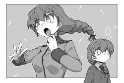 Rule 34 | ..., 1girl, blank eyes, braid, braided ponytail, commentary, dress shirt, frown, girls und panzer, greyscale, hair ornament, hair over shoulder, hair ribbon, hairclip, highres, holding, imagining, jacket, long hair, long sleeves, looking to the side, military, military uniform, monochrome, necktie, open mouth, radio, renshiu, ribbon, school uniform, shirt, single braid, spoken ellipsis, st. gloriana&#039;s military uniform, st. gloriana&#039;s school uniform, sweater, uniform, wing collar