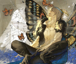 Rule 34 | back-to-back, blue eyes, blue flower, blue rose, bug, butterfly, butterfly wings, crack, cracked glass, crown, dragonfly wings, dual persona, fate/grand order, fate (series), flower, grey hair, highres, insect, insect wings, male focus, oberon (fate), oberon (third ascension) (fate), rose, shirt, sitting, white shirt, wings, zuraa (naunau seijin)