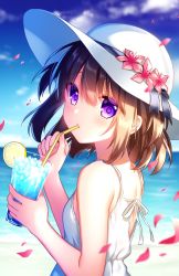 Rule 34 | 1girl, aimu (ai mu3), brown hair, cloud, cup, day, dress, drinking glass, drinking straw, flower, flower knight girl, food, fruit, hair flower, hair ornament, hat, highres, holding, holding cup, lemon, looking at viewer, ocean, outdoors, petals, purple eyes, short hair, sky, solo, summer, sun hat, tsutsuji (flower knight girl), upper body, white dress, white hat
