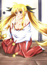Rule 34 | 1girl, bare shoulders, bell, blonde hair, blood-c, blush, breasts, cleavage, cosplay, diesel-turbo, fate testarossa, hair ribbon, japanese clothes, jingle bell, kneeling, long hair, lyrical nanoha, mahou shoujo lyrical nanoha, miko, mizuki nana, off shoulder, open mouth, red eyes, ribbon, voice actor connection, skirt, solo, sword, twintails, very long hair, weapon