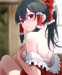 Rule 34 | 1girl, back, bare shoulders, black hair, bow, breast hold, breasts, chest sarashi, commentary request, embarrassed, frills, from behind, hair bow, hair tubes, hakurei reimu, highres, indoors, kisaragi koushi, looking at viewer, looking back, medium breasts, partially undressed, ponytail, red bow, red eyes, red shirt, sarashi, shirt, sitting, solo, touhou, undressing
