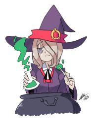 Rule 34 | 10s, 1girl, bad id, bad tumblr id, beaker, bigdead, brown hair, cauldron, cloak, eyebrows, eyeshadow, hair over one eye, half-closed eyes, hat, highres, little witch academia, long hair, makeup, potion, purple eyes, solo, sucy manbavaran, thick eyebrows, wand, witch, witch hat