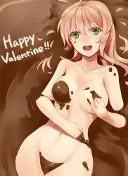 Rule 34 | 1girl, :d, bad id, bad pixiv id, between thighs, breasts, brown hair, chocolate, chocolate covered, chocolate on face, food, food on face, green eyes, happy valentine, long hair, looking at viewer, md5 mismatch, naked chocolate, nude, open mouth, original, partially submerged, prime, resolution mismatch, smile, solo, source smaller, thighs, valentine
