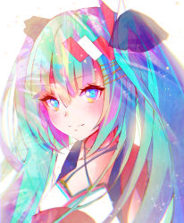 Rule 34 | 1girl, black ribbon, blue eyes, blush, closed mouth, commentary request, criss-cross halter, green hair, hair between eyes, hair ornament, hair ribbon, hairclip, halterneck, hatsune miku, highres, long hair, looking at viewer, magical mirai miku, magical mirai miku (2020 summer), multicolored eyes, purple eyes, ribbon, simple background, smile, solo, twintails, upper body, vocaloid, white background, xenxen
