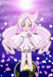 Rule 34 | 10s, 1girl, :d, :p, ahoge, arms at sides, blue eyes, brooch, cape, choker, dress, eyelashes, flower, full body, gloves, hair flower, hair ornament, happy, heart, heart brooch, heartcatch precure!, heterochromia, high heels, highres, jewelry, long hair, magical girl, monyotarosu, mugen silhouette, open mouth, petals, pink hair, planet, precure, purple eyes, shoes, smile, solo, space, thighhighs, tongue, tongue out, twintails, white choker