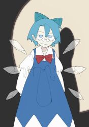Rule 34 | 1girl, bespectacled, blue bow, blue dress, blue eyes, blue hair, bolos, bow, bowtie, cirno, closed mouth, collared shirt, commentary, cowboy shot, dress, english commentary, flat chest, glasses, hair between eyes, hair bow, ice, ice wings, long dress, long sleeves, looking at viewer, medium bangs, pale skin, pinafore dress, pince-nez, pointy ears, puffy long sleeves, puffy sleeves, red bow, red bowtie, rimless eyewear, shadow, shirt, short hair, sleeveless, sleeveless dress, smile, solo, touhou, white shirt, wings