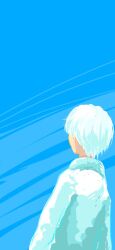 Rule 34 | 1boy, blue background, facing away, long sleeves, male focus, no.6, shion (no.6), shiro (a0azuma), shirt, short hair, upper body, white hair, white shirt