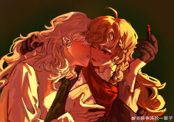 Rule 34 | 2girls, ;o, absurdres, ahoge, arm around shoulder, backlighting, black background, blonde hair, brown gloves, cosmetics, curly hair, gloves, hand up, hands up, highres, holding, holding lipstick tube, hug, kiss, kissing cheek, lipstick mark, lipstick mark on face, lipstick tube, long hair, looking at viewer, multiple girls, one eye closed, orange theme, red scarf, reverse:1999, scales, scarf, shirt, upper body, vila (reverse:1999), weibo logo, weibo watermark, white hair, white shirt, windsong (reverse:1999), yeqing (yqng38991151), yuri