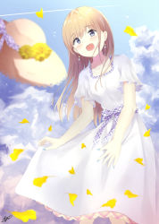 Rule 34 | 1girl, 7 calpis 7, blue eyes, blue nails, blue sky, blurry, blurry foreground, blush, breasts, brown hair, brown hat, cloud, cloudy sky, commentary request, day, depth of field, dress, earrings, falling leaves, flower, hair between eyes, hat, hat flower, highres, jewelry, leaf, long hair, marigold, multicolored nails, nail polish, open mouth, original, outdoors, short sleeves, signature, skirt hold, sky, small breasts, solo, star (symbol), star earrings, straw hat, unworn hat, unworn headwear, white dress, white nails, yellow flower