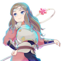 Rule 34 | 1girl, arm guards, armor, blue eyes, breastplate, brown hair, fire emblem, fire emblem engage, fire emblem fates, from below, hair tie, hana (fire emblem), headband, highres, jewelry, katana, keldancon, long hair, looking to the side, nintendo, ring, smile, solo, sword, weapon
