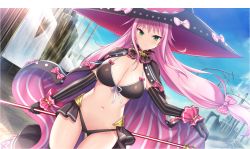 Rule 34 | 1girl, amayui labyrinth meister, anberu loki, bikini, black bikini, black cape, black gloves, black hat, blue sky, blush, bow, breasts, cape, cleavage, closed mouth, cowboy shot, day, dutch angle, elbow gloves, floating hair, front-tie bikini top, front-tie top, game cg, gloves, gluteal fold, green eyes, hair bow, hat, hat bow, highres, holding, holding staff, large breasts, long hair, looking at viewer, navel, outdoors, pink bow, pink cape, pink hair, polka dot, polka dot bow, ribbon, showgirl skirt, sky, solo, staff, standing, striped clothes, striped gloves, swimsuit, thigh gap, twintails, vertical-striped clothes, vertical-striped gloves, very long hair, white ribbon, witch hat, yano mitsuki (nanairo)