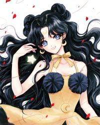 Rule 34 | 1girl, bishoujo senshi sailor moon, black hair, blue eyes, bow, collarbone, crescent, crescent earrings, crescent facial mark, crescent necklace, dress, earrings, facial mark, forehead mark, hair bun, highres, jewelry, long hair, looking at viewer, luna (sailor moon), luna (sailor moon) (human), necklace, pagaraga, personification, petals, single hair bun, smile, solo, upper body, wavy hair, white background, yellow bow, yellow dress