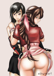 Rule 34 | 2girls, aerith gainsborough, ass, assisted exposure, black hair, dress, final fantasy, final fantasy vii, final fantasy vii remake, from behind, gloves, highres, jacket, lifting another&#039;s clothes, long hair, multiple girls, no panties, pink dress, red jacket, self-upload, shyinkart, smile, tifa lockhart