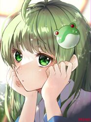 Rule 34 | 1girl, ahoge, artist name, birdminori, blurry, close-up, commentary request, depth of field, dress, frog hair ornament, green eyes, green hair, hair ornament, hands on own face, highres, kochiya sanae, long hair, nontraditional miko, open mouth, solo, touhou, white dress