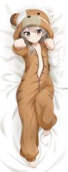 Rule 34 | 1girl, absurdres, animal costume, animal hood, bandages, barefoot, bear costume, bear hood, bed sheet, boko (girls und panzer), boko (girls und panzer) (cosplay), brown eyes, clenched hands, closed mouth, commentary, cosplay, dakimakura (medium), eyepatch, from above, girls und panzer, highres, hood, hood up, knee up, light brown hair, long hair, long sleeves, looking at viewer, lying, on back, on bed, onesie, partially unzipped, pillow, shiina excel, shimada arisu, smile, solo