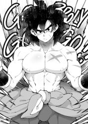 Rule 34 | 1boy, abs, bara, black hair, broly (dragon ball super), bulge, cowboy shot, dragon ball, dragon ball super, flexing, fur (clothing), greyscale, gureshi db, highres, large pectorals, looking at viewer, male focus, medium hair, monochrome, muscular, muscular male, nipples, pectorals, powering up, raised eyebrow, solo, spiked hair, stomach, thick eyebrows, topless male