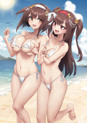 Rule 34 | 2girls, :d, bare legs, barefoot, beach, bikini, blurry, blurry background, grabbing another&#039;s breast, breasts, brown eyes, brown hair, day, deep skin, depth of field, detexted, fang, grabbing, grabbing from behind, groin, hair ornament, hairband, halterneck, highres, large breasts, long hair, medium breasts, micro bikini, multiple girls, oopartz yang, open mouth, shiny skin, short hair, side-tie bikini bottom, sidelocks, smile, standing, standing on one leg, strap gap, string bikini, sun, swimsuit, thighs, third-party edit, two side up, very long hair, wet, white bikini, yellow eyes, you can eat the girl