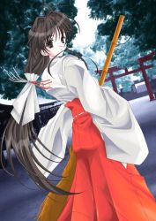Rule 34 | 1girl, bamboo broom, broom, brown hair, hakama, hakama skirt, japanese clothes, long hair, looking back, miko, red hakama, skirt, solo, torii, very long hair