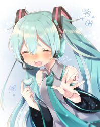 Rule 34 | 1girl, 39, :d, abe suke, aqua hair, aqua necktie, bare shoulders, blush, collared shirt, commentary request, detached sleeves, dress, facing viewer, grey shirt, hair between eyes, hair ornament, hatsune miku, headphones, headset, heart, highres, holding, holding head, long hair, long sleeves, necktie, nose blush, open mouth, shirt, signature, sleeveless, sleeveless dress, smile, solo, teeth, twintails, upper teeth only, very long hair, vocaloid, wide sleeves