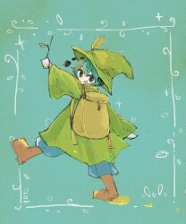 Rule 34 | 1girl, antennae, backpack, bag, boots, brown footwear, cape, cosplay, green eyes, green hair, hat, highres, holding, holding stick, leaf, leaf hat ornament, mokumoku22, moomin, open mouth, raincoat, short hair, smile, snufkin, snufkin (cosplay), solo, star (symbol), stick, touhou, water drop, witch hat, wriggle nightbug