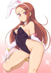 Rule 34 | 1girl, animal ears, black leotard, breasts, brown hair, detached collar, elbow gloves, fake animal ears, gloves, gradient background, highres, idolmaster, idolmaster (classic), idolmaster 2, leotard, long hair, looking at viewer, minase iori, nagasode (48789563), pink background, playboy bunny, rabbit ears, rabbit girl, rabbit tail, red eyes, small breasts, solo, sparkle, standing, standing on one leg, strapless, strapless leotard, tail, white background, white gloves