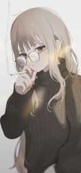 Rule 34 | 1girl, black sweater, cigarette, earrings, glasses, grey eyes, grey hair, highres, holding, holding cigarette, jewelry, long hair, long sleeves, looking at viewer, migihidari (puwako), original, parted lips, ribbed sweater, simple background, smoke, smoking, solo, sweater, upper body, white background